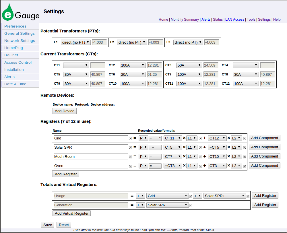 eGauge Settings Screen